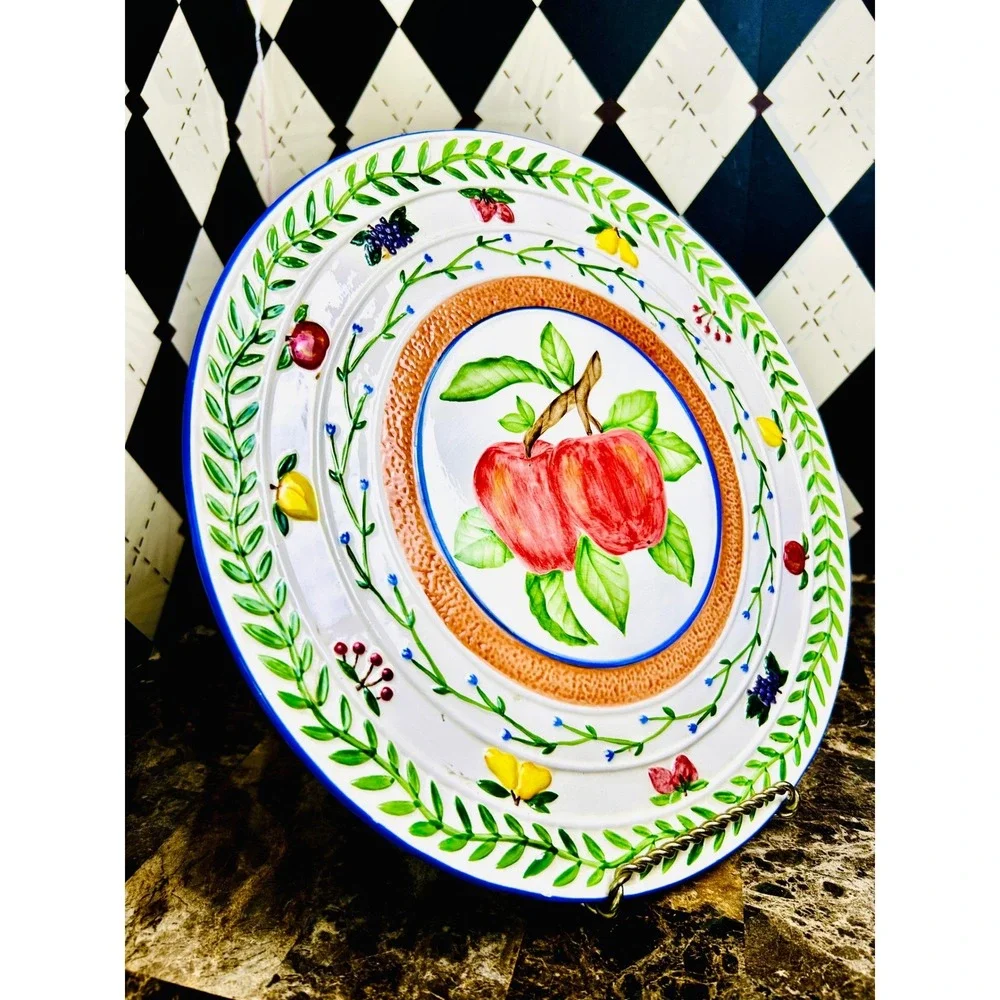 Apple Footed Pedestal‎ Plate Portuguese Hand Painted Fruit Ceramic Cake Stand